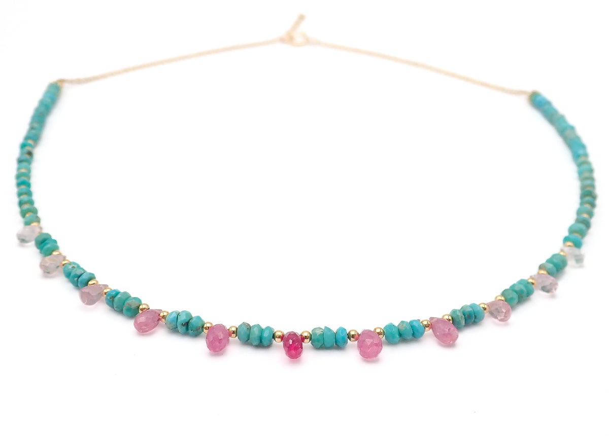 Collier Turquoises et Saphirs roses or jaune laminé