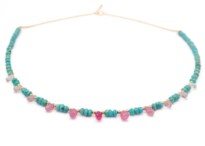 Collier Turquoises et Saphirs roses or jaune laminé