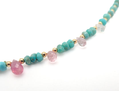 Collier Turquoises et Saphirs roses or jaune laminé